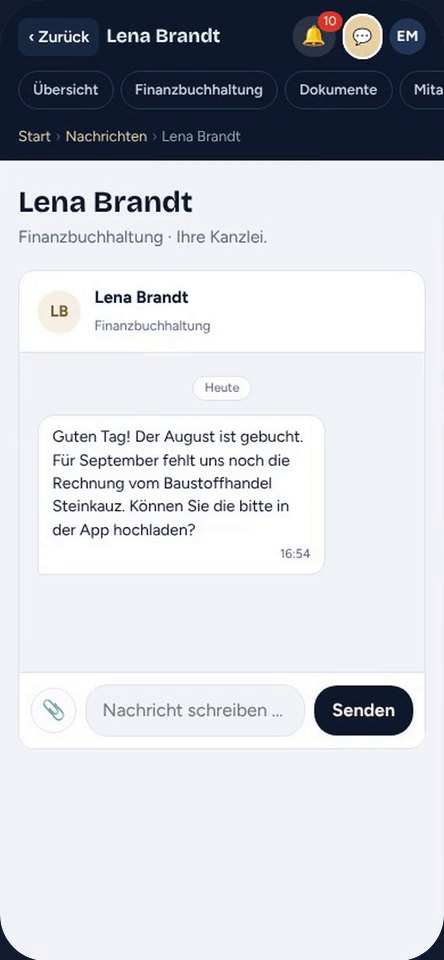 Chat zwischen Mandant und Kanzlei in der App