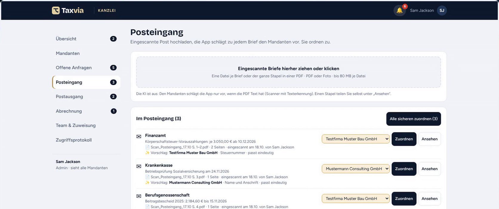 Posteingang der Kanzlei: eingescannte Briefe mit Vorschlag für den Mandanten